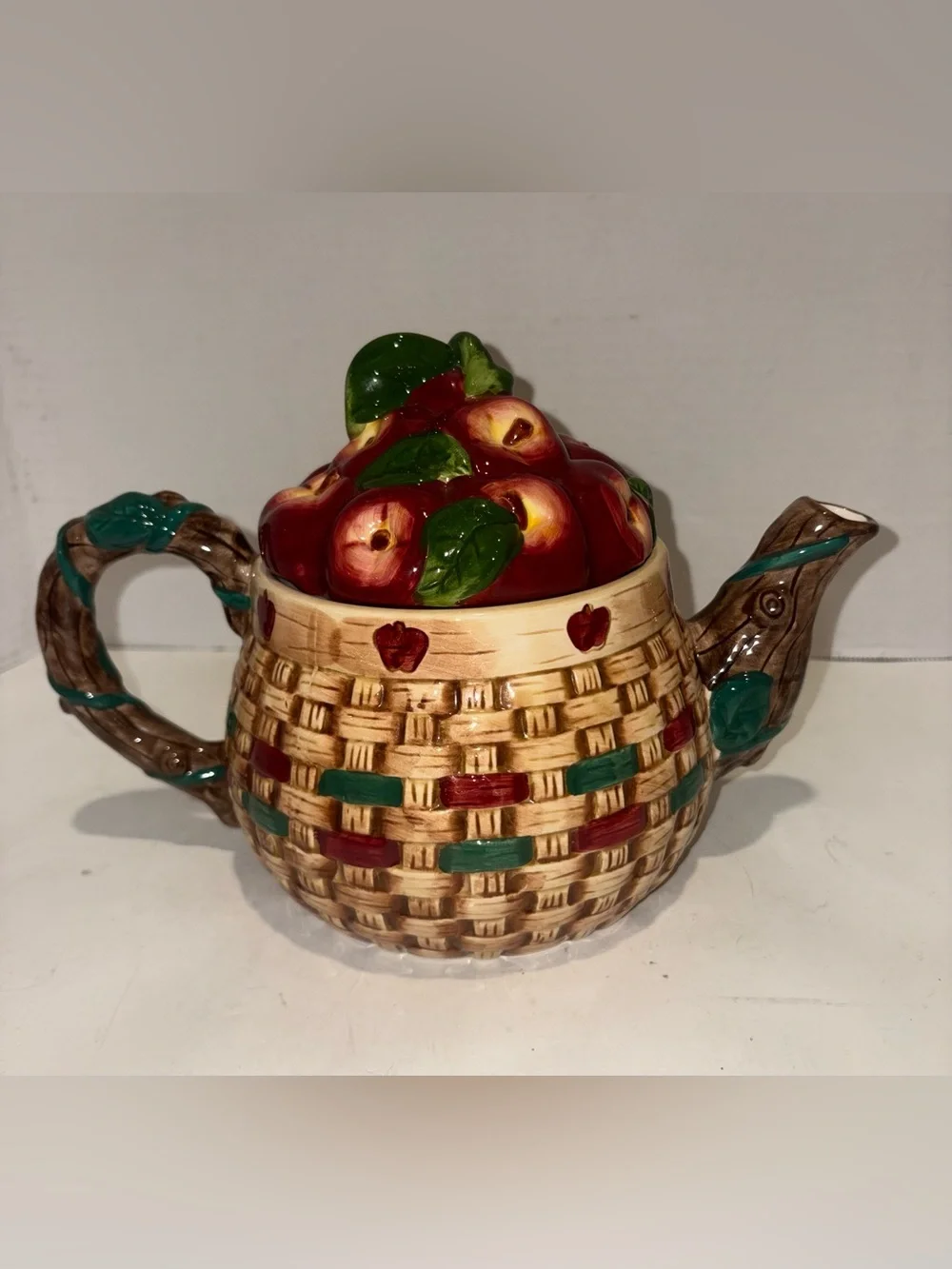 Ceramic Apple Basket Teapot - Red and Green - Vintage 1999